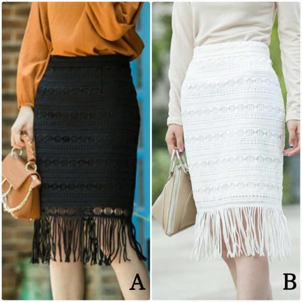 レディース　ハイウエスト　スカート　フリンジ　タイト　スリム　ボトムス　カジュアル　キュート　可愛い　フェミニン　きれいめ　エレガント　上品　おしゃれ　お出かけ　デイリー　普段着　ホワイト　ブラック　M　L　XL　サイズ　送料無料