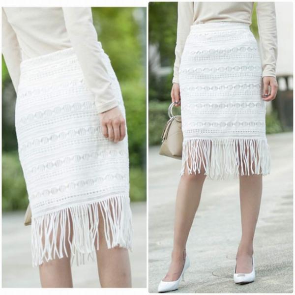 レディース　ハイウエスト　スカート　フリンジ　タイト　スリム　ボトムス　カジュアル　キュート　可愛い　フェミニン　きれいめ　エレガント　上品　おしゃれ　お出かけ　デイリー　普段着　ホワイト　ブラック　M　L　XL　サイズ　送料無料