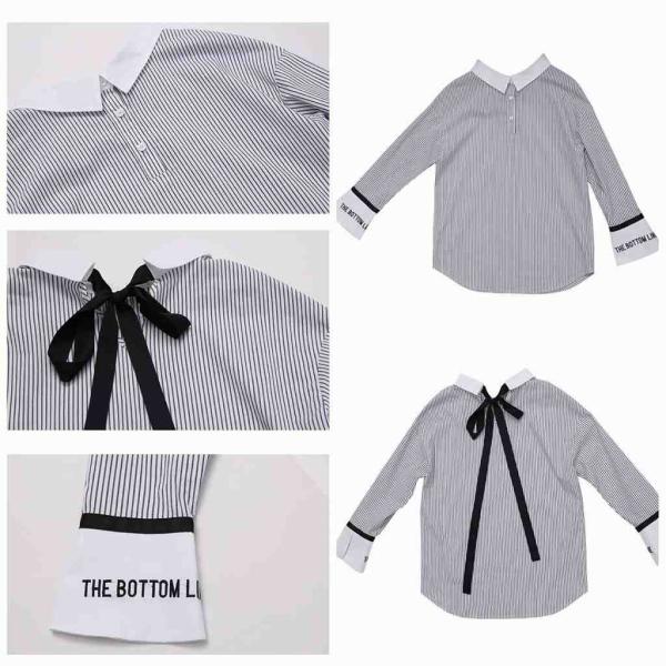 レディース　ボリュームスリーブ　フレアスリーブ　ストライプ　ブラウス　シャツ　長袖　トップス　カジュアル　キュート　大人　可愛い　フェミニン　おしゃれ　お出かけ　デイリー　オフィス　普段着　ブラック　S　M　L　サイズ　送料無料