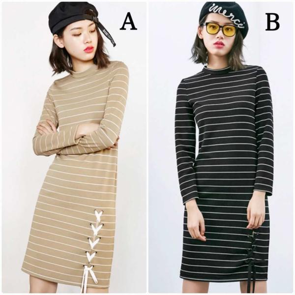 レディース　ワンピース　ボーダー　クルーネック　長袖　ひざ上丈　スカート　カジュアル　キュート　可愛い　フェミニン　きれいめ　上品　エレガント　おしゃれ　お出かけ　デイリー　普段着　ベージュ　ブラック　M　L　XL　サイズ　送料無料