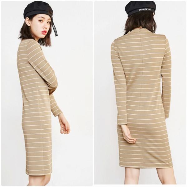 レディース　ワンピース　ボーダー　クルーネック　長袖　ひざ上丈　スカート　カジュアル　キュート　可愛い　フェミニン　きれいめ　上品　エレガント　おしゃれ　お出かけ　デイリー　普段着　ベージュ　ブラック　M　L　XL　サイズ　送料無料