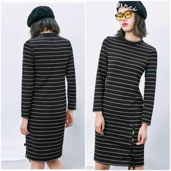 レディース　ワンピース　ボーダー　クルーネック　長袖　ひざ上丈　スカート　カジュアル　キュート　可愛い　フェミニン　きれいめ　上品　エレガント　おしゃれ　お出かけ　デイリー　普段着　ベージュ　ブラック　M　L　XL　サイズ　送料無料