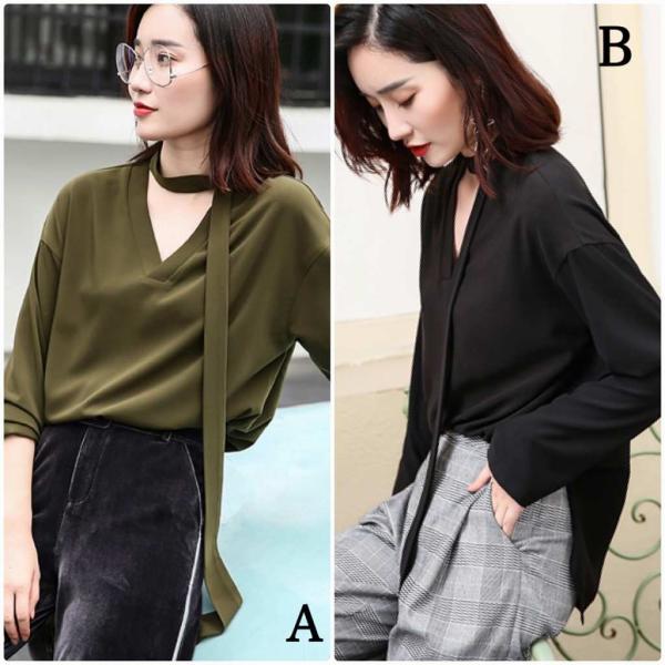 レディース　シフォン　ブラウス　Vネック　無地　シャツ　長袖　トップス　カジュアル　キュート　大人　可愛い　フェミニン　おしゃれ　お出かけ　デイリー　オフィス　普段着　ブラック　オリーブ　S　M　L　サイズ　送料無料