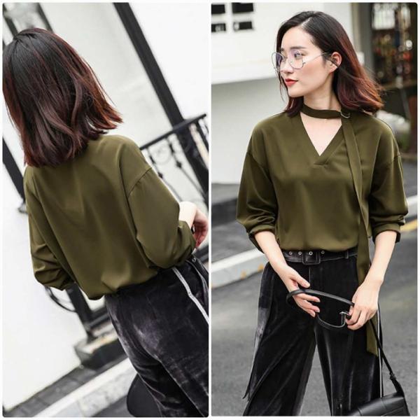 レディース　シフォン　ブラウス　Vネック　無地　シャツ　長袖　トップス　カジュアル　キュート　大人　可愛い　フェミニン　おしゃれ　お出かけ　デイリー　オフィス　普段着　ブラック　オリーブ　S　M　L　サイズ　送料無料