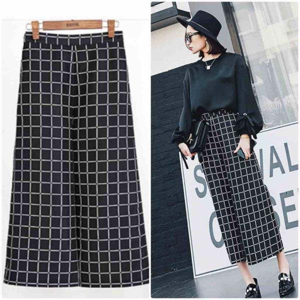 レディース　ワイドレッグパンツ　チェック柄　半端丈　クロップド　ハイウエスト　ボトムス　カジュアル　キュート　可愛い　フェミニン　きれいめ　おしゃれ　お出かけ　デイリー　オフィス　普段着　ブラック　M　L　XL　サイズ　送料無料