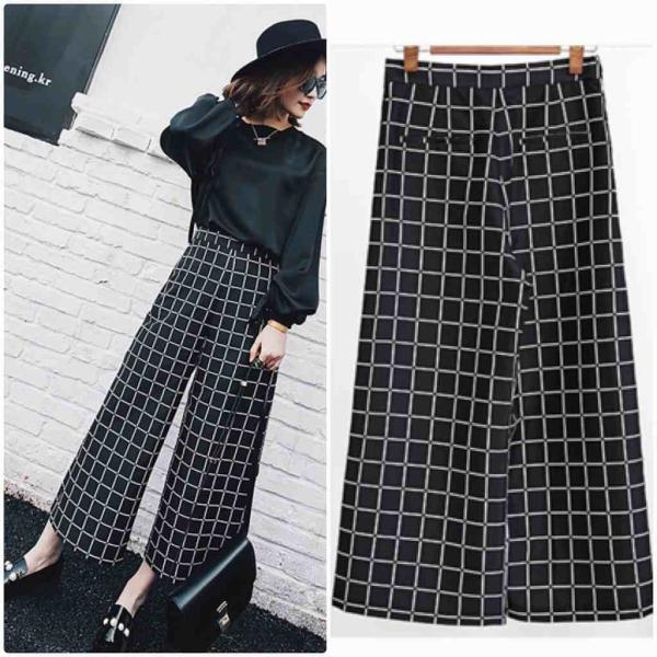 レディース　ワイドレッグパンツ　チェック柄　半端丈　クロップド　ハイウエスト　ボトムス　カジュアル　キュート　可愛い　フェミニン　きれいめ　おしゃれ　お出かけ　デイリー　オフィス　普段着　ブラック　M　L　XL　サイズ　送料無料
