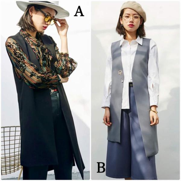 レディース　ノースリーブ　ベスト　コート　ロング丈　ジャケット　春　アウター　カジュアル　キュート　大人　可愛い　フェミニン　おしゃれ　お出かけ　デイリー　オフィス　普段着　グレー　ブラック　M　L　サイズ　送料無料