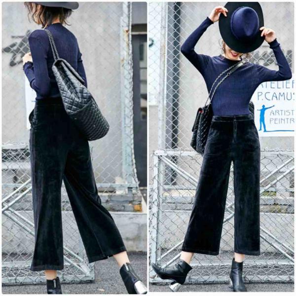 レディース　ベルベット　半端丈　クロップドパンツ　無地　ハイウエスト　ボトムス　カジュアル　キュート　可愛い　フェミニン　きれいめ　エレガント　おしゃれ　お出かけ　オフィス　デイリー　普段着　ブラック　M　L　XL　サイズ　送料無料