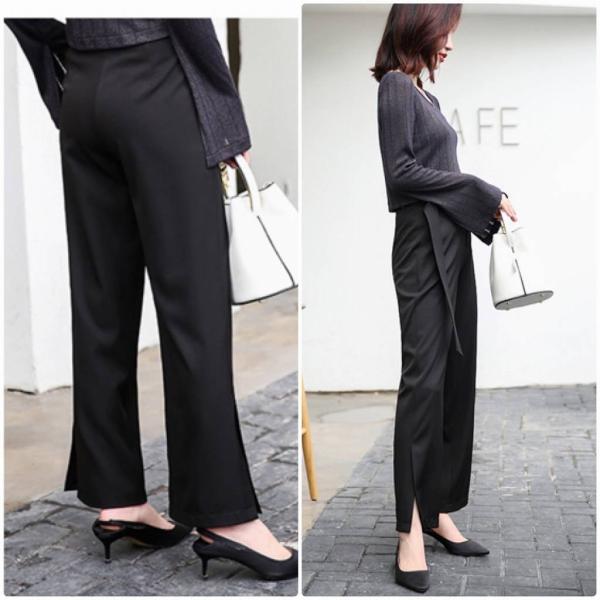 レディース　アンクルパンツ　ワイドレッグパンツ　スリット　ハイウエスト　無地　ボトムス　カジュアル　キュート　可愛い　フェミニン　きれいめ　エレガント　おしゃれ　お出かけ　オフィス　デイリー　普段着　ブラック　M　L　XL　サイズ　送料無料