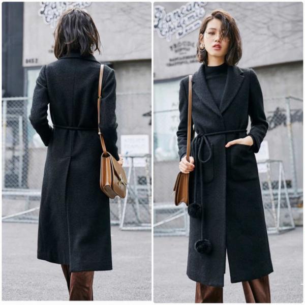 レディース　ウールコート　ロング丈　ベルト付き　ジャケット　アウター　カジュアル　長袖　キュート　大人　可愛い　フェミニン　きれいめ　エレガント　おしゃれ　お出かけ　デイリー　オフィス　普段着　グレー　ブラック　ブルー　M　L　XL　サイズ　送料無料
