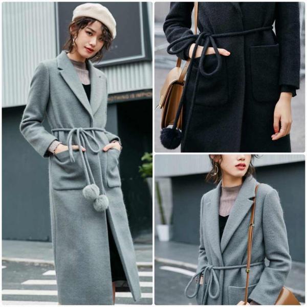 レディース　ウールコート　ロング丈　ベルト付き　ジャケット　アウター　カジュアル　長袖　キュート　大人　可愛い　フェミニン　きれいめ　エレガント　おしゃれ　お出かけ　デイリー　オフィス　普段着　グレー　ブラック　ブルー　M　L　XL　サイズ　送料無料