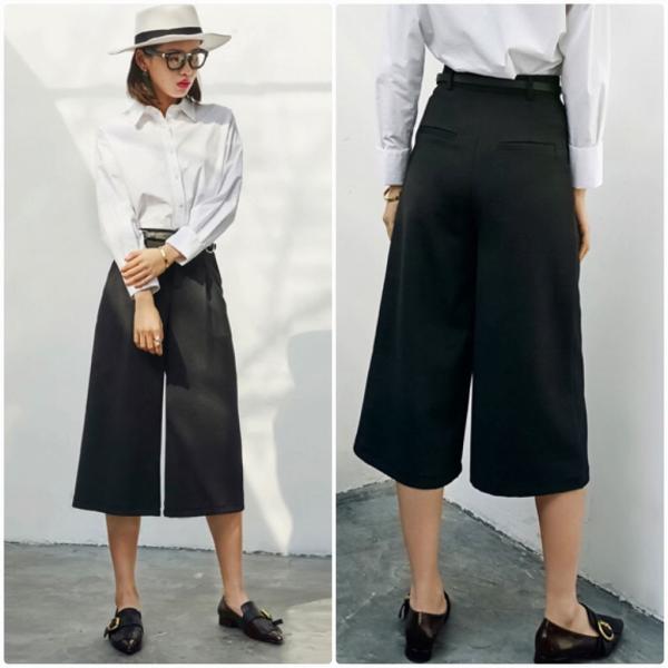 レディース　半端丈　クロップドパンツ　ワイドレッグパンツ　ハイウエスト　無地　ボトムス　カジュアル　キュート　可愛い　フェミニン　きれいめ　エレガント　おしゃれ　お出かけ　オフィス　デイリー　普段着　ブラック　ブルー　M　L　XL　サイズ　送料無料