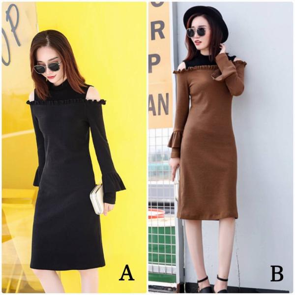 レディース　ボリュームスリーブ　フレアスリーブ　オフショルダー　ひざ丈　ミディ丈　スカート　トップス　カジュアル　キュート　大人　可愛い　フェミニン　おしゃれ　お出かけ　デイリー　普段着　ブラウン　ブラック　Ｓ　M　L　サイズ　送料無料