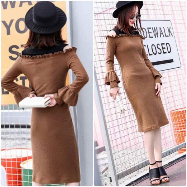 レディース　ボリュームスリーブ　フレアスリーブ　オフショルダー　ひざ丈　ミディ丈　スカート　トップス　カジュアル　キュート　大人　可愛い　フェミニン　おしゃれ　お出かけ　デイリー　普段着　ブラウン　ブラック　Ｓ　M　L　サイズ　送料無料