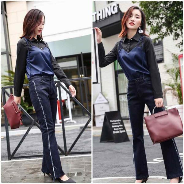 レディース　レイヤード風　キャミソール　ブラウス　無地　シャツ　長袖　トップス　カジュアル　キュート　大人　可愛い　フェミニン　おしゃれ　お出かけ　デイリー　オフィス　普段着　ネイビー×ブラック　M　L　XL　サイズ　送料無料