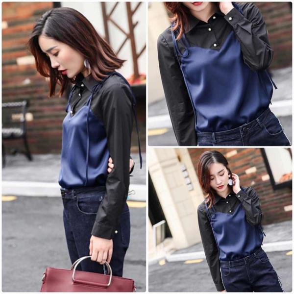 レディース　レイヤード風　キャミソール　ブラウス　無地　シャツ　長袖　トップス　カジュアル　キュート　大人　可愛い　フェミニン　おしゃれ　お出かけ　デイリー　オフィス　普段着　ネイビー×ブラック　M　L　XL　サイズ　送料無料