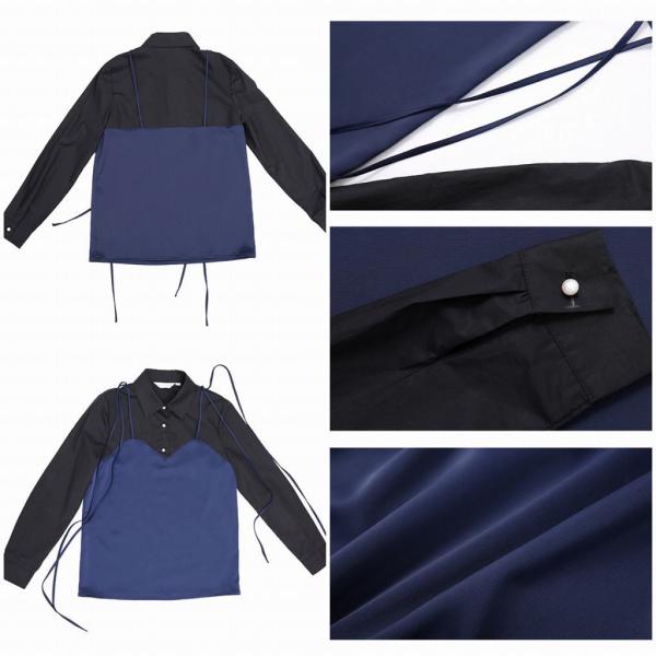 レディース　レイヤード風　キャミソール　ブラウス　無地　シャツ　長袖　トップス　カジュアル　キュート　大人　可愛い　フェミニン　おしゃれ　お出かけ　デイリー　オフィス　普段着　ネイビー×ブラック　M　L　XL　サイズ　送料無料