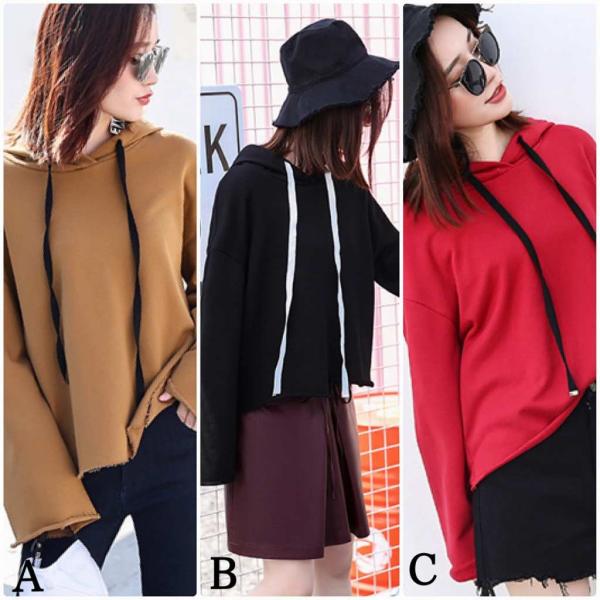 レディース　パーカー　フード付き　カットオフ　スウェット　無地　長袖　プルオーバー　ゆったり　大きめ　トレーナー　トップス　カジュアル　大人　可愛い　フェミニン　おしゃれ　デイリー　普段着　ブラック　レッド　ブラウン　送料無料