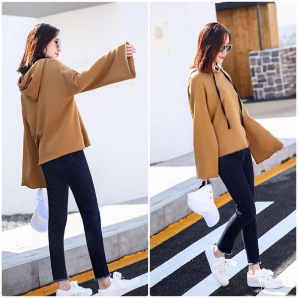 レディース　パーカー　フード付き　カットオフ　スウェット　無地　長袖　プルオーバー　ゆったり　大きめ　トレーナー　トップス　カジュアル　大人　可愛い　フェミニン　おしゃれ　デイリー　普段着　ブラック　レッド　ブラウン　送料無料