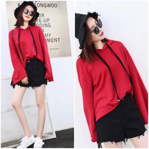 レディース　パーカー　フード付き　カットオフ　スウェット　無地　長袖　プルオーバー　ゆったり　大きめ　トレーナー　トップス　カジュアル　大人　可愛い　フェミニン　おしゃれ　デイリー　普段着　ブラック　レッド　ブラウン　送料無料