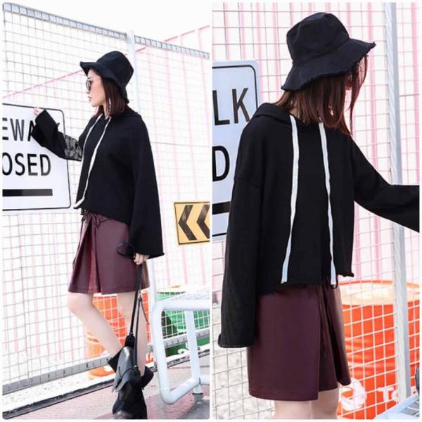 レディース　パーカー　フード付き　カットオフ　スウェット　無地　長袖　プルオーバー　ゆったり　大きめ　トレーナー　トップス　カジュアル　大人　可愛い　フェミニン　おしゃれ　デイリー　普段着　ブラック　レッド　ブラウン　送料無料