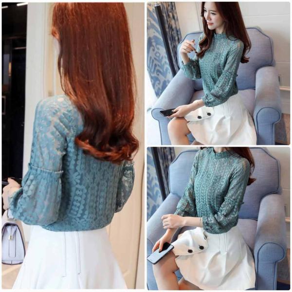 レディース　大きいサイズ　レース　ボトルネック　ブラウス　シャツ　花柄　長袖　トップス　カジュアル　キュート　大人　可愛い　フェミニン　おしゃれ　お出かけ　オフィス　デイリー　グリーン　イエロー　S　M　L　XL　2XL　送料無料