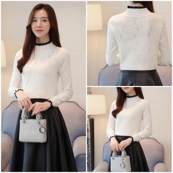 レディース　大きいサイズ　ボトルネック　ニット　ブラウス　カットソー　長袖　トップス　カジュアル　キュート　大人　可愛い　フェミニン　おしゃれ　お出かけ　オフィス　デイリー　普段着　ホワイト　白　S　M　L　XL　2XL　送料無料