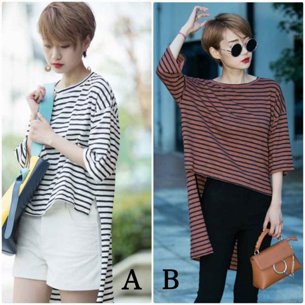 レディース　トップス　Tシャツ　カットソー　ボーダー　テールカット　ラウンドネック　長袖　カジュアル　キュート　大人可愛い　フェミニン　おしゃれ　お出かけ　デート　デイリー　普段着　ホワイト　ブラウン　M　L　送料無料