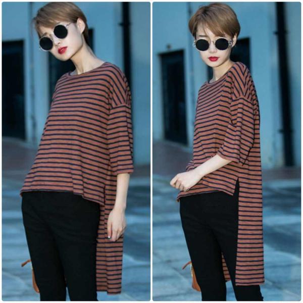 レディース　トップス　Tシャツ　カットソー　ボーダー　テールカット　ラウンドネック　長袖　カジュアル　キュート　大人可愛い　フェミニン　おしゃれ　お出かけ　デート　デイリー　普段着　ホワイト　ブラウン　M　L　送料無料