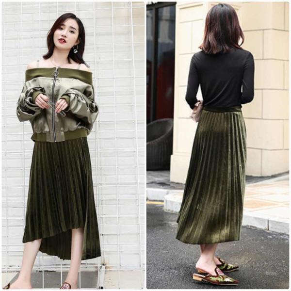 レディース　ボトムス　プリーツ　スカート　ロング　斜めカット　無地　カジュアル　キュート　大人可愛い　フェミニン　おしゃれ　お出かけ　デート　デイリー　普段着　カーキ　ブラック　M　L　XL　送料無料