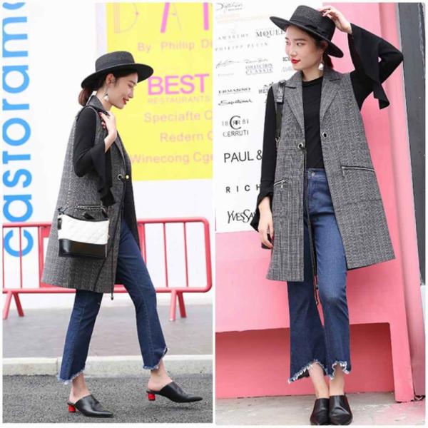 レディース　ライトアウター　ロング　ベスト　チェック　ノースリーブ　コート　カジュアル　キュート　大人可愛い　フェミニン　おしゃれ　お出かけ　デート　デイリー　普段着　グレー　M　L　XL　送料無料