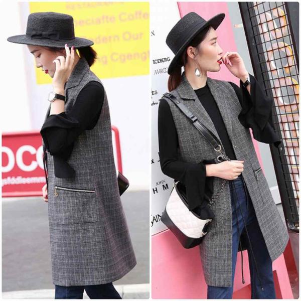 レディース　ライトアウター　ロング　ベスト　チェック　ノースリーブ　コート　カジュアル　キュート　大人可愛い　フェミニン　おしゃれ　お出かけ　デート　デイリー　普段着　グレー　M　L　XL　送料無料