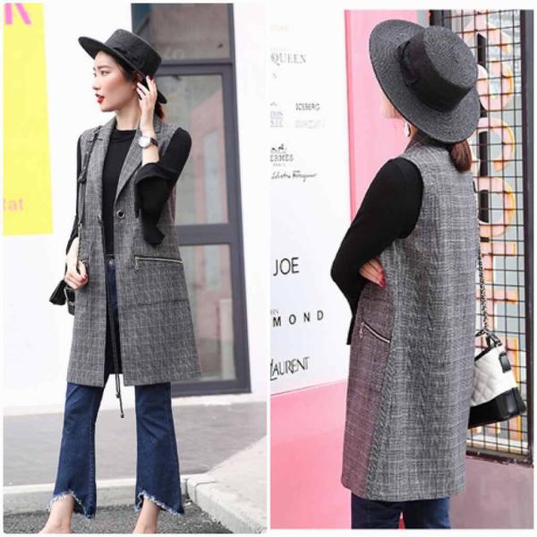 レディース　ライトアウター　ロング　ベスト　チェック　ノースリーブ　コート　カジュアル　キュート　大人可愛い　フェミニン　おしゃれ　お出かけ　デート　デイリー　普段着　グレー　M　L　XL　送料無料