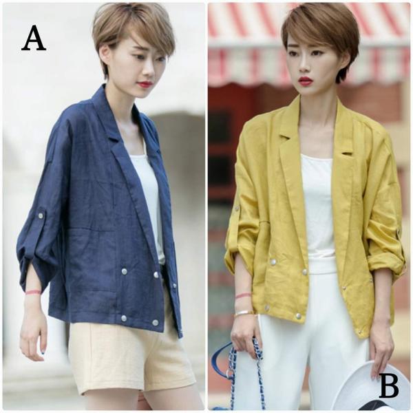 レディース　ライトアウター　ダブル　ジャケット　薄手　無地　長袖　カジュアル　キュート　大人可愛い　フェミニン　おしゃれ　オフィス　お出かけ　デート　デイリー　普段着　ブルー　イエロー　M　L　送料無料