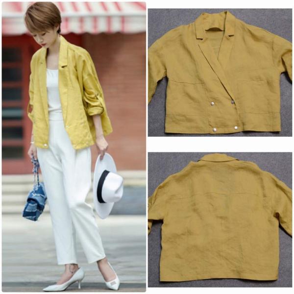 レディース　ライトアウター　ダブル　ジャケット　薄手　無地　長袖　カジュアル　キュート　大人可愛い　フェミニン　おしゃれ　オフィス　お出かけ　デート　デイリー　普段着　ブルー　イエロー　M　L　送料無料