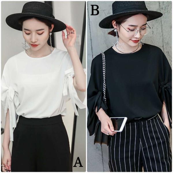 レディース　トップス　シフォン　ブラウス　カットソー　無地　リボン　ラウンドネック　5分袖　カジュアル　キュート　大人可愛い　フェミニン　おしゃれ　オフィス　お出かけ　デート　デイリー　普段着　ホワイト　ブラック　M　L　送料無料