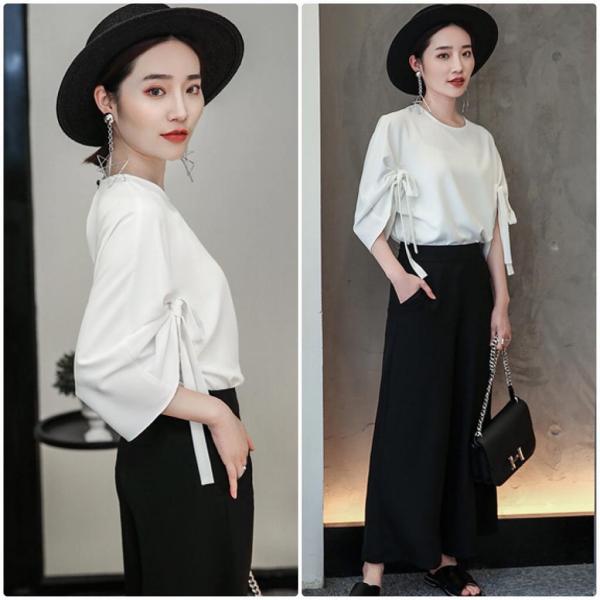 レディース　トップス　シフォン　ブラウス　カットソー　無地　リボン　ラウンドネック　5分袖　カジュアル　キュート　大人可愛い　フェミニン　おしゃれ　オフィス　お出かけ　デート　デイリー　普段着　ホワイト　ブラック　M　L　送料無料