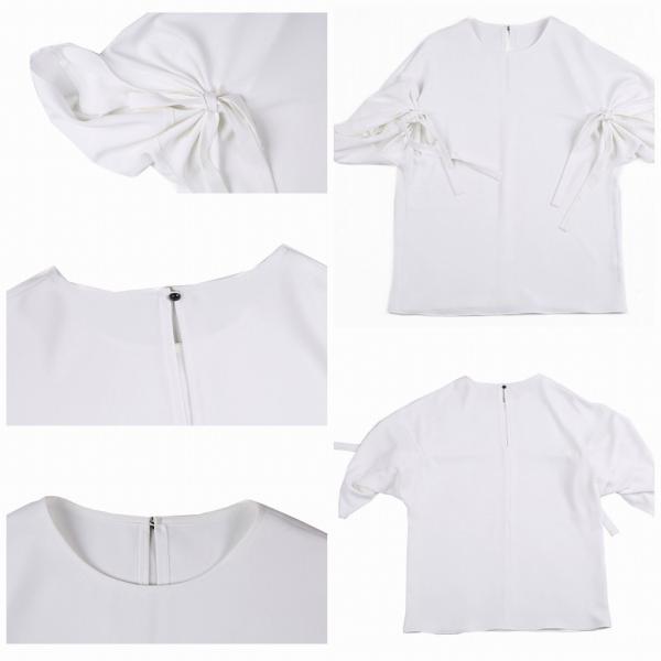 レディース　トップス　シフォン　ブラウス　カットソー　無地　リボン　ラウンドネック　5分袖　カジュアル　キュート　大人可愛い　フェミニン　おしゃれ　オフィス　お出かけ　デート　デイリー　普段着　ホワイト　ブラック　M　L　送料無料