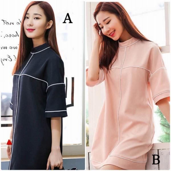 レディース　ワンピース　ミニワンピ　クルーネック　膝上丈　ライン　半袖　カジュアル　キュート　大人可愛い　フェミニン　おしゃれ　お出かけ　デート　デイリー　普段着　ブラック　ピンク　M　L　XL　送料無料