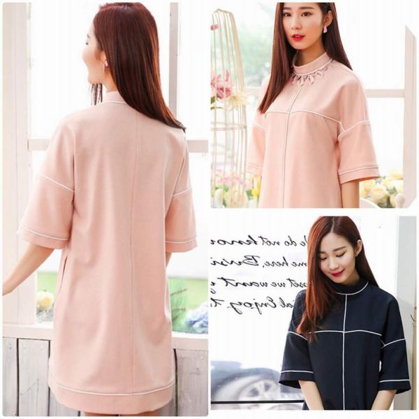 レディース　ワンピース　ミニワンピ　クルーネック　膝上丈　ライン　半袖　カジュアル　キュート　大人可愛い　フェミニン　おしゃれ　お出かけ　デート　デイリー　普段着　ブラック　ピンク　M　L　XL　送料無料