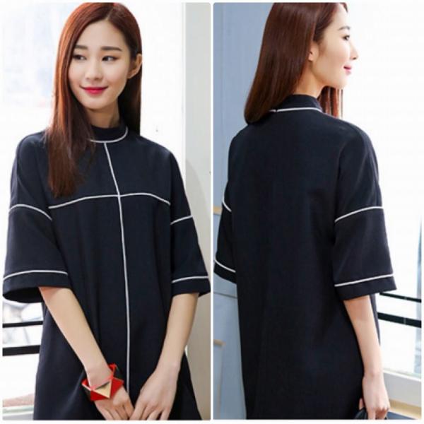 レディース　ワンピース　ミニワンピ　クルーネック　膝上丈　ライン　半袖　カジュアル　キュート　大人可愛い　フェミニン　おしゃれ　お出かけ　デート　デイリー　普段着　ブラック　ピンク　M　L　XL　送料無料