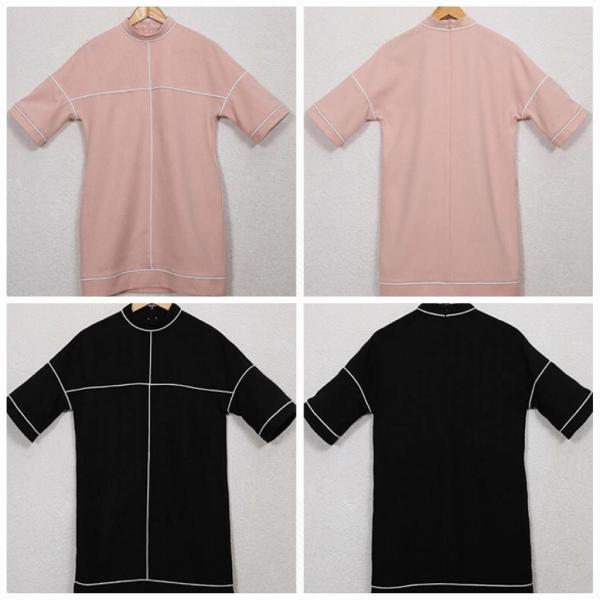 レディース　ワンピース　ミニワンピ　クルーネック　膝上丈　ライン　半袖　カジュアル　キュート　大人可愛い　フェミニン　おしゃれ　お出かけ　デート　デイリー　普段着　ブラック　ピンク　M　L　XL　送料無料