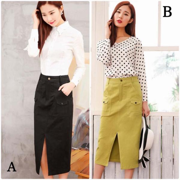 レディース　ハイウエスト　スカート　ミモレ丈　スリット　無地　タイト　スリム　ボトムス　カジュアル　キュート　大人　可愛い　フェミニン　おしゃれ　お出かけ　デイリー　普段着　グリーン　ブラック　M　L　XL　サイズ　送料無料