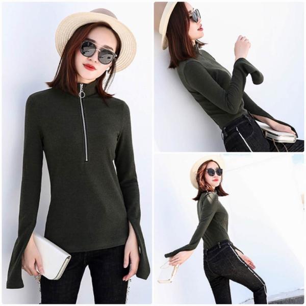 レディース　ボリュームスリーブ　ハイネック　ニット　カットソー　長袖　無地　トップス　カジュアル　キュート　大人　可愛い　フェミニン　おしゃれ　お出かけ　オフィス　デイリー　普段着　グリーン　ブラック　M　L　XL　サイズ　送料無料