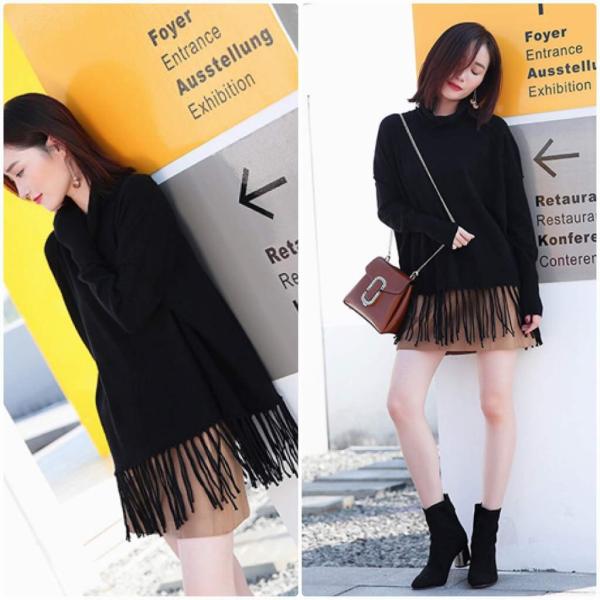 レディース　ハイネック　フリンジ　ニット　カットソー　長袖　無地　トップス　カジュアル　キュート　大人　可愛い　フェミニン　おしゃれ　お出かけ　オフィス　デイリー　普段着　レッド　ブラウン　ブラック　フリーサイズ　ワンサイズ　送料無料