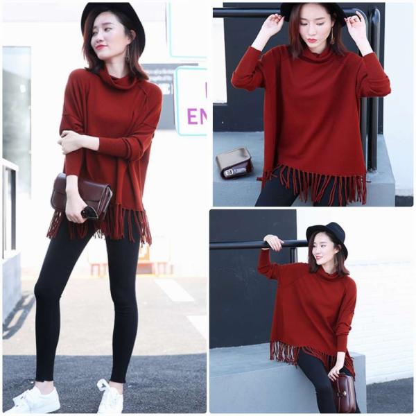 レディース　ハイネック　フリンジ　ニット　カットソー　長袖　無地　トップス　カジュアル　キュート　大人　可愛い　フェミニン　おしゃれ　お出かけ　オフィス　デイリー　普段着　レッド　ブラウン　ブラック　フリーサイズ　ワンサイズ　送料無料