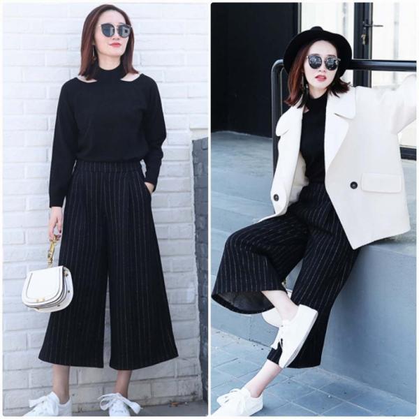 レディース　ワイドレッグパンツ　ストライプ　半端丈　クロップド　ハイウエスト　ボトムス　カジュアル　キュート　可愛い　フェミニン　きれいめ　おしゃれ　お出かけ　デイリー　オフィス　普段着　ブラック　M　L　XL　サイズ　送料無料