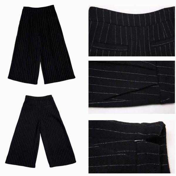 レディース　ワイドレッグパンツ　ストライプ　半端丈　クロップド　ハイウエスト　ボトムス　カジュアル　キュート　可愛い　フェミニン　きれいめ　おしゃれ　お出かけ　デイリー　オフィス　普段着　ブラック　M　L　XL　サイズ　送料無料