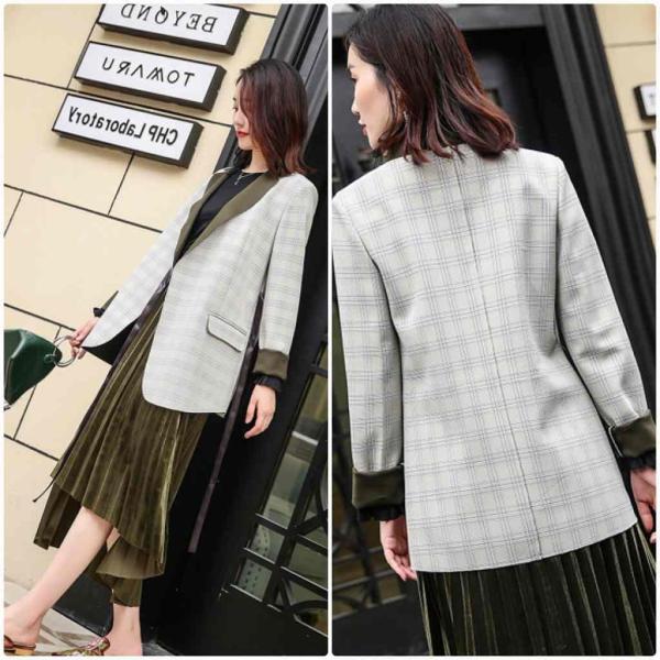 レディース　ジャケット　チェック柄　ブラウス　羽織　スプリング　春　長袖　アウター　カジュアル　キュート　大人　可愛い　フェミニン　おしゃれ　お出かけ　デイリー　普段着　オリーブ　S　M　L　XL　サイズ　送料無料