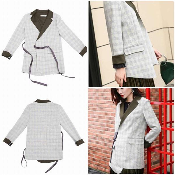 レディース　ジャケット　チェック柄　ブラウス　羽織　スプリング　春　長袖　アウター　カジュアル　キュート　大人　可愛い　フェミニン　おしゃれ　お出かけ　デイリー　普段着　オリーブ　S　M　L　XL　サイズ　送料無料